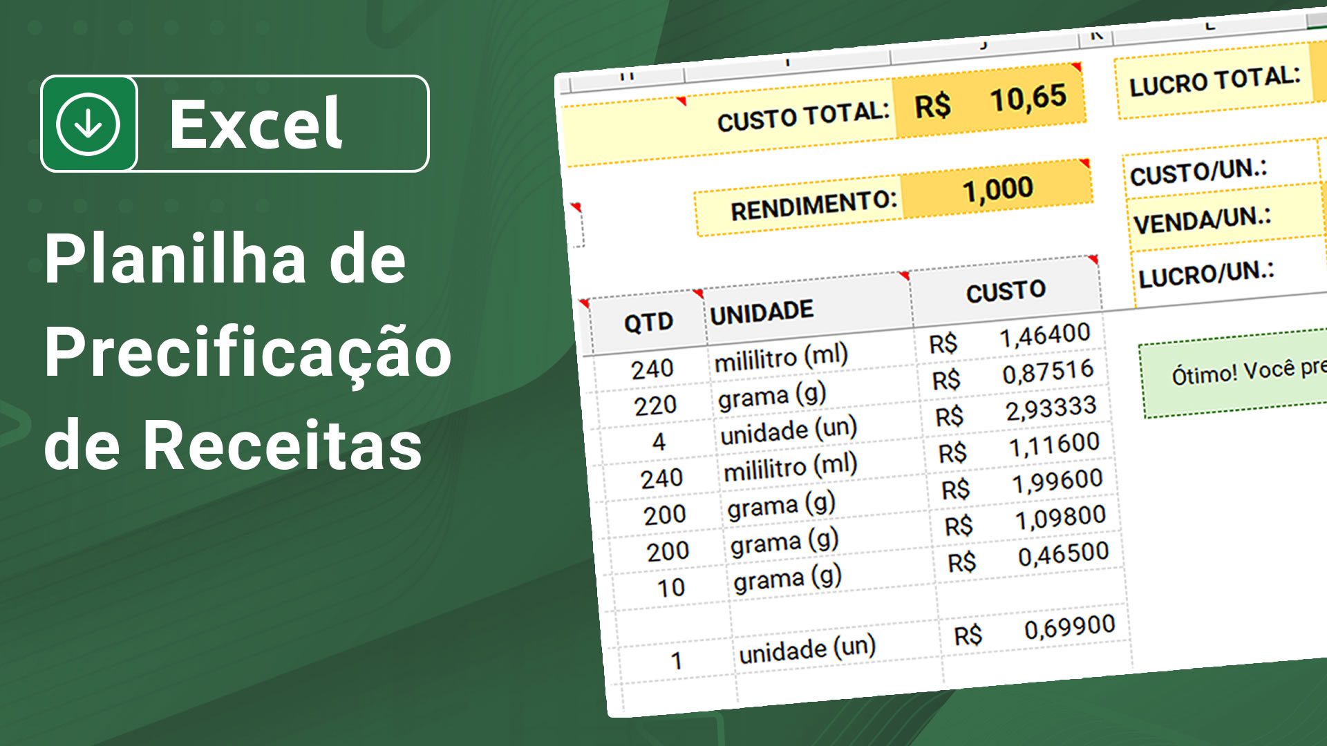 Planilha de precificação de receitas em Excel Baixe grátis