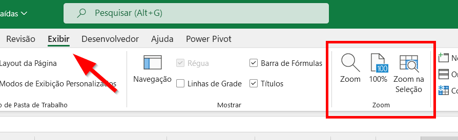 Clique na guia Exibir e depois localize o grupo Zoom