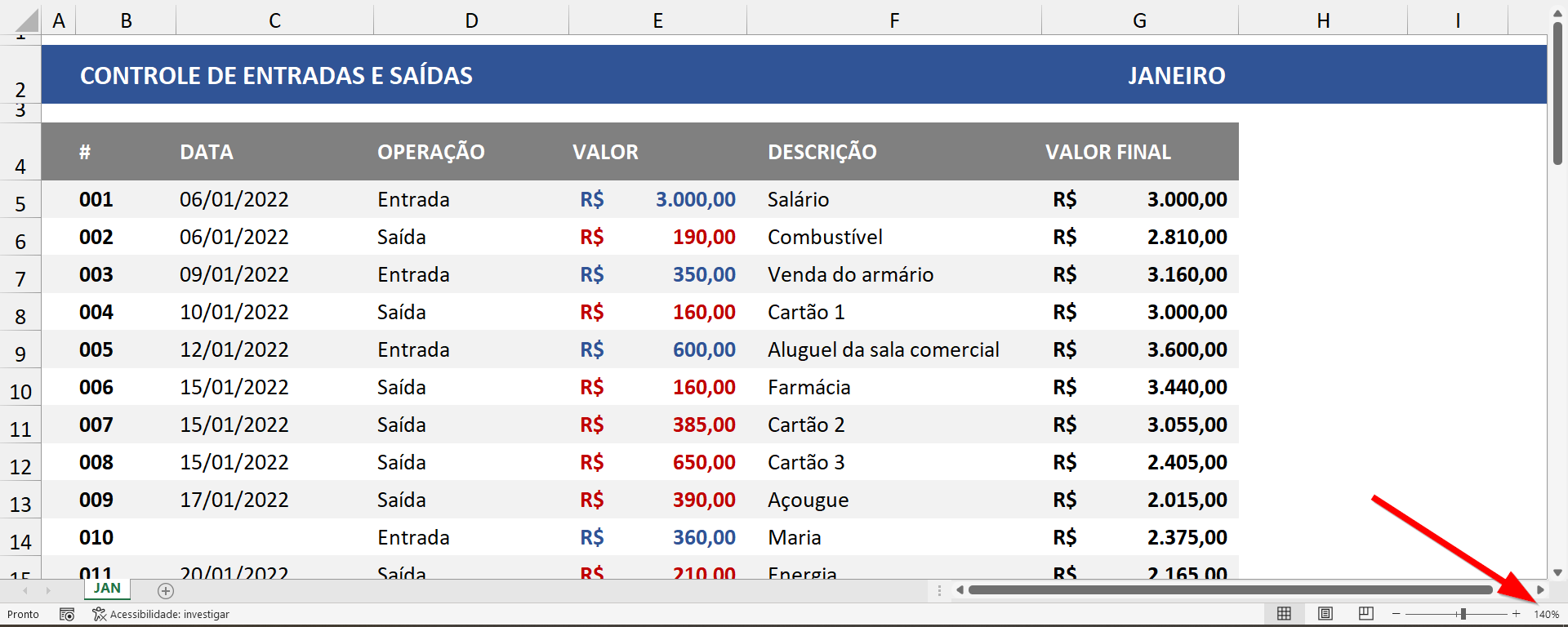 Exemplo de planilha com zoom de 140%