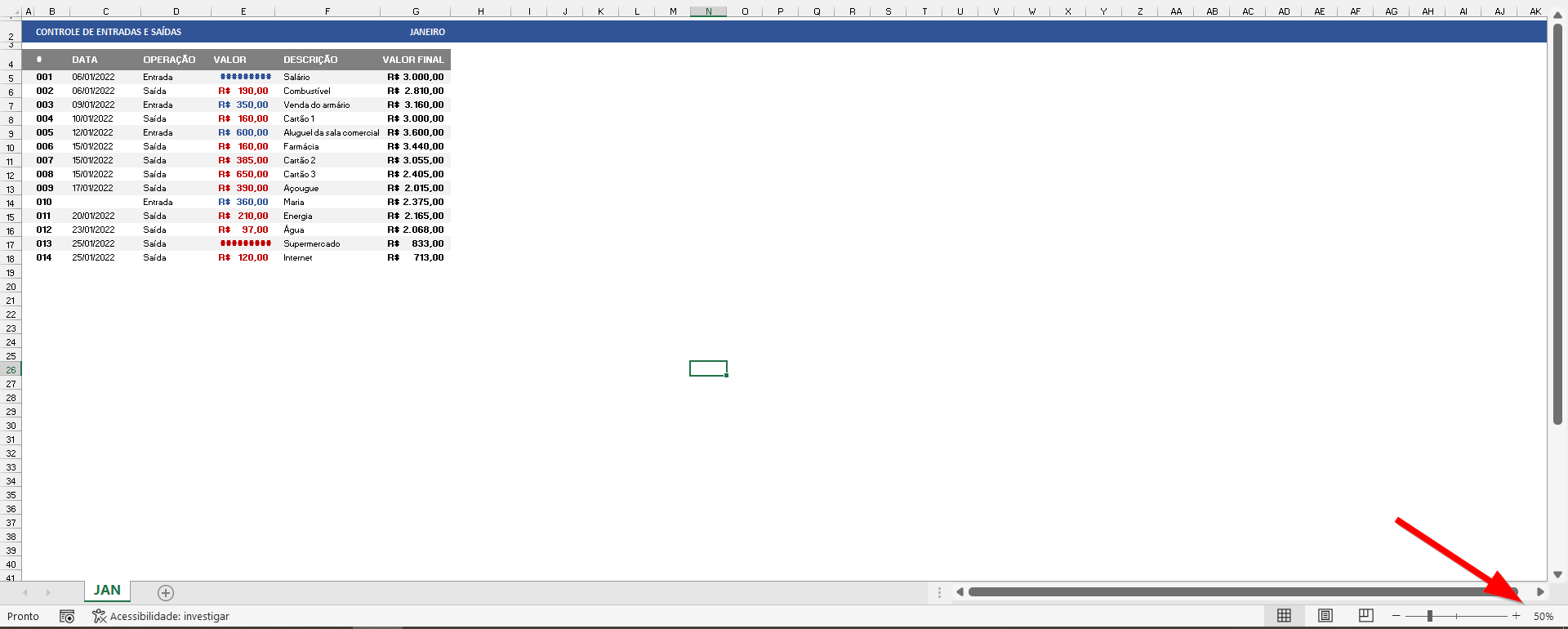 Planilha com zoom de 50