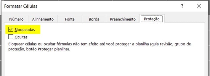 Opção da janela Formatar Células que permite o bloqueio ou não de células