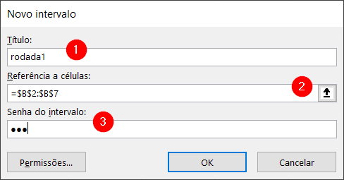 Defina o nome do intervalo, a abrangência e a senha