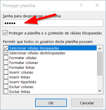 Defina uma senha geral para a proteção da planilha