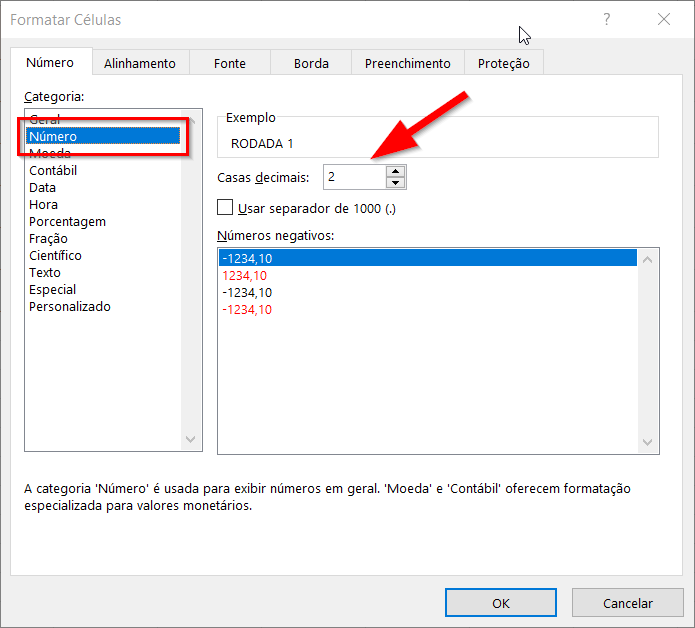 Na categoria Número, defina a quantidade de casas decimais