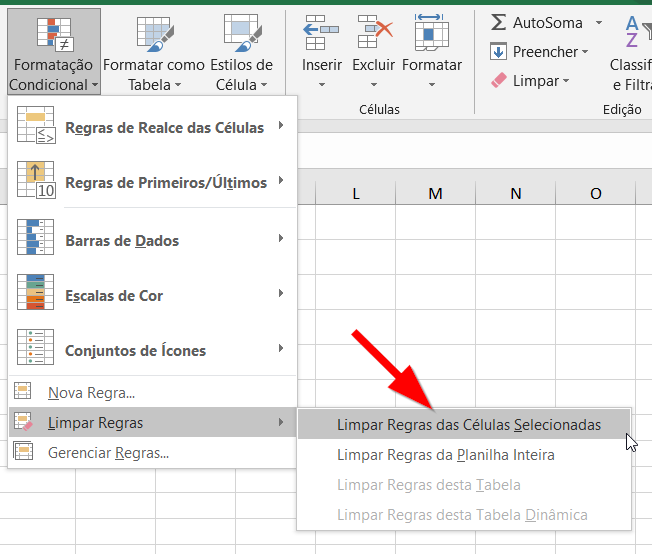 Clique em Limpar regras das células selecionadas para retirar a regra de determinados intervalos
