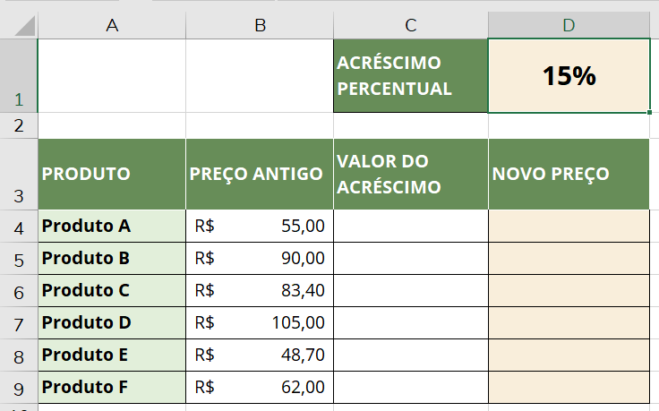 Exemplo de acréscimo percentual fixo a partir de uma célula