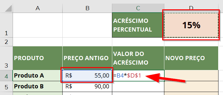 Fórmula para cálculo do valor do acréscimo com célula travada