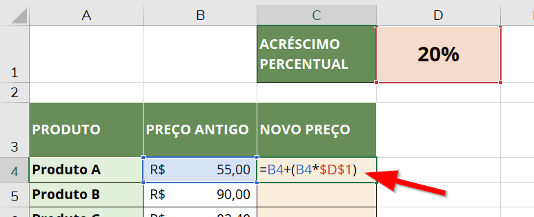 Fórmula para cálculo do valor final usando célula fixa