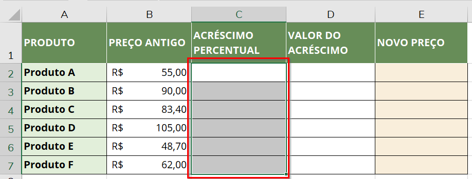 Selecione o intervalo a ser preenchido com valores percentuais