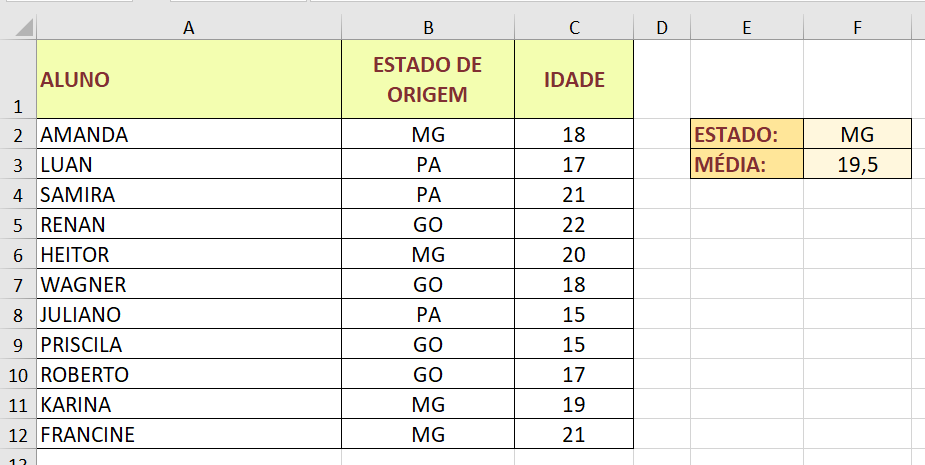 Cálculo com a MÉDIASE usando célula como referência para o critério