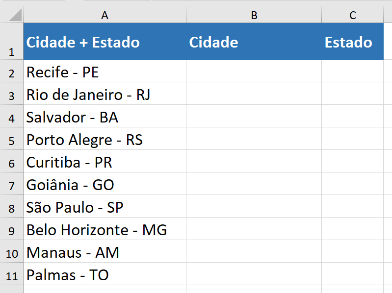 Exemplo 1 - Desmembrando texto através do preenchimento relâmpago