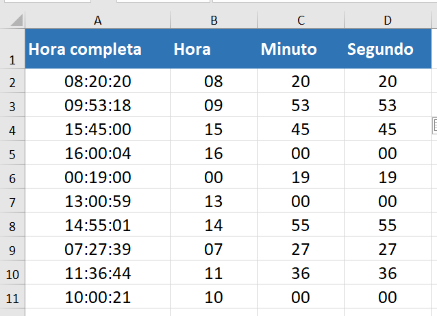 Exemplo 4 - Extraindo partes de uma hora através do preenchimento relâmpago