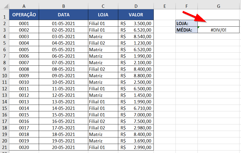 Exemplo de erro DIV na função MÉDIASE por falta de argumento