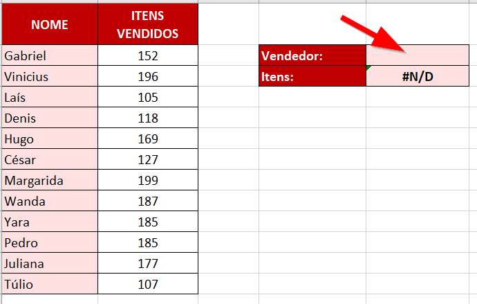 Exemplo de função PROCV retornando erro por falta de argumento