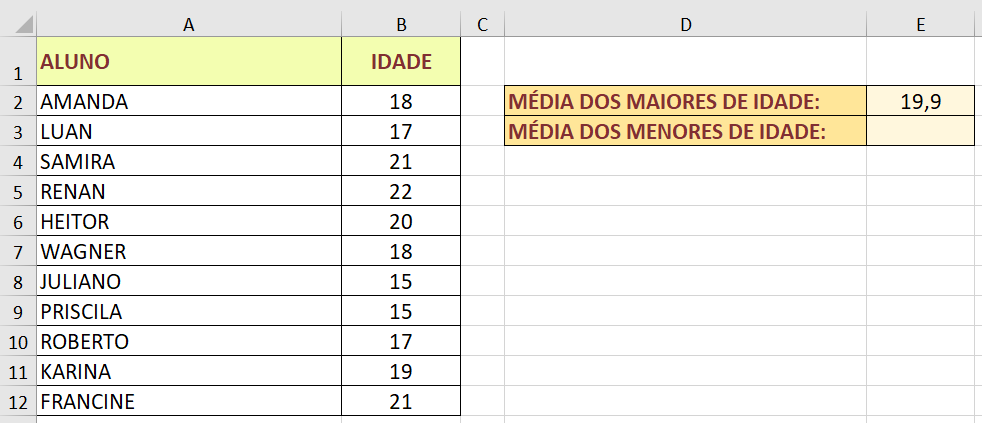 Média de idade dos maiores de idade usando a função MÉDIASE