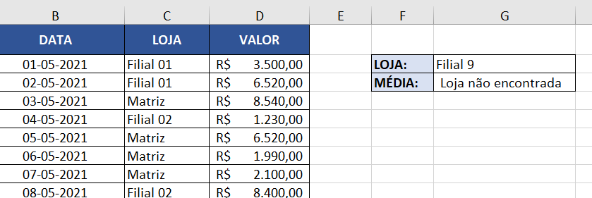 Mensagem de erro exibida pela função MÉDIASE devido a dado não encontrado