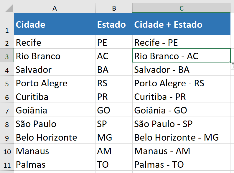 O Excel reconhece o padrão de concatenação, inclusive com novos caracteres