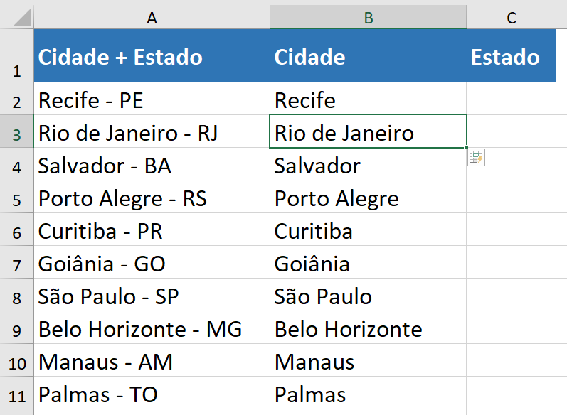 O Excel reconhecerá o padrão e preencherá as demais cidades