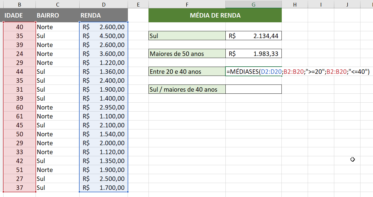 Sintaxe da MÉDIASES usando duas comparações numéricas