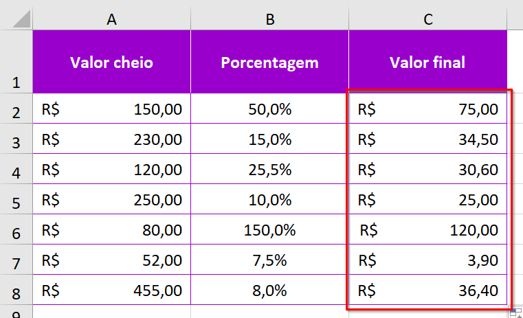 Aplicando autopreenchimento para os demais cálculos do valor final