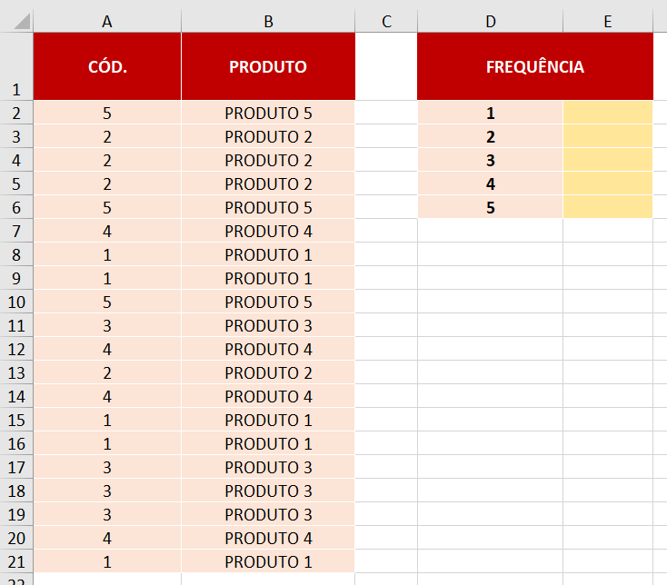 Exemplo de planilha com uso da função FREQUÊNCIA para valores exclusivos