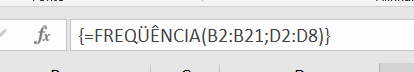 Sintaxe da função FREQUÊNCIA com as chaves, indicando uma função matricial