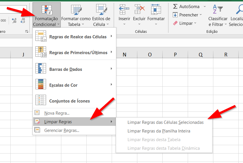 A opção Limpar Regras das Células Selecionadas remove as regras