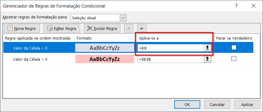 Altere a aplicação da regra para a coluna inteira usando a notação de coluna inteira