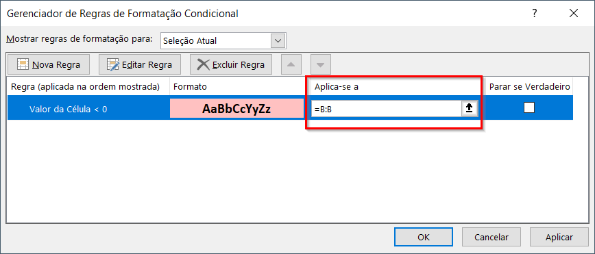 Altere a aplicação da regra para a coluna inteira