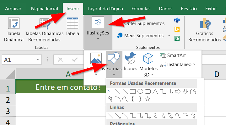 Clique na guia Inserir, depois em Ilustrações e, em seguida, no botão Formas