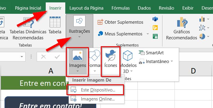 Clique na guia Inserir e no grupo Ilustrações para inserir imagens ou ícones