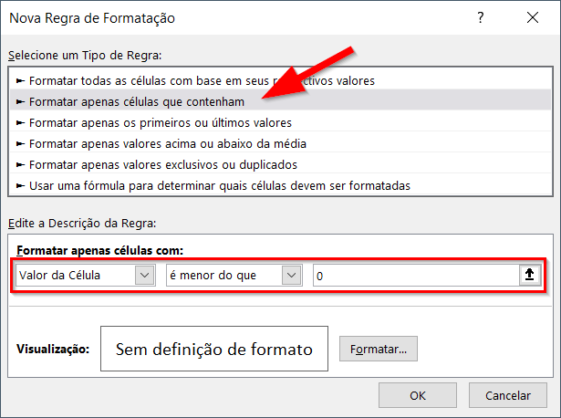 Defina as regras de formatação para números negativos