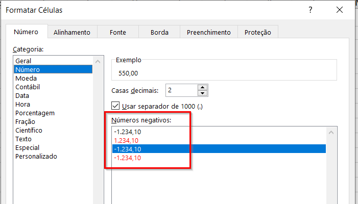 Formatação para números negativos na janela Formatar Células