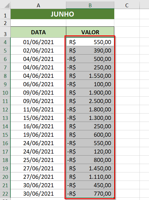 Selecione o intervalo para a aplicação da regra