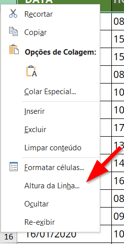 Acesse a janela de altura da linha pelo menu contextual da linha