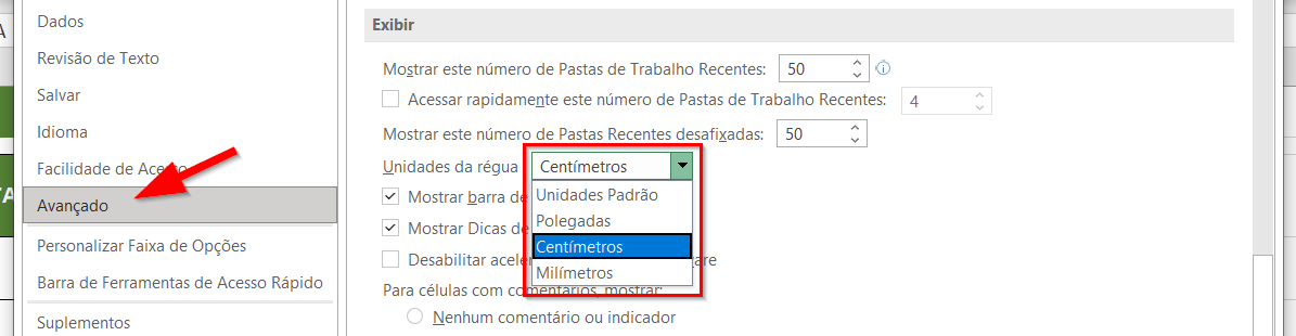 Alterando a unidade de medida padrão do Excel