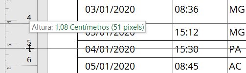 Altura da linha sendo exibida em centímetros