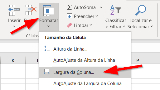 Clique em Largura da Coluna para ajustar a largura numericamente