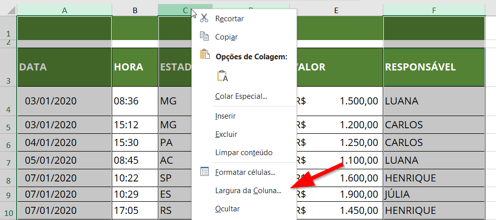 Colunas selecionadas de forma intercalada