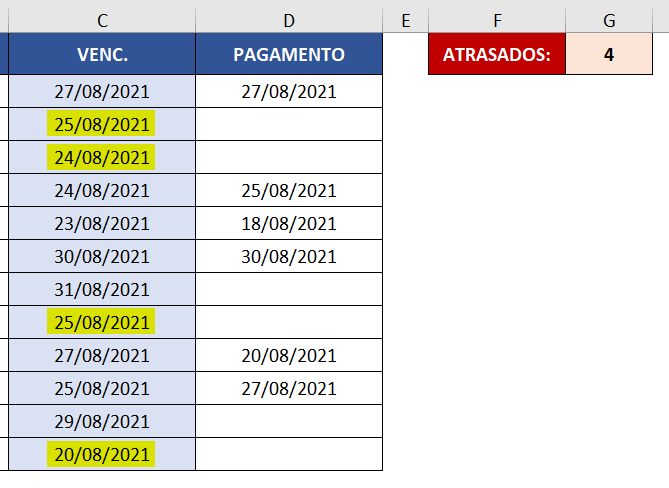 Contagem de pagamentos atrasados usando a função CONT.SES