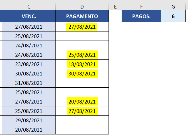 Contagem de pagamentos efetuados usando a função CONT.SES