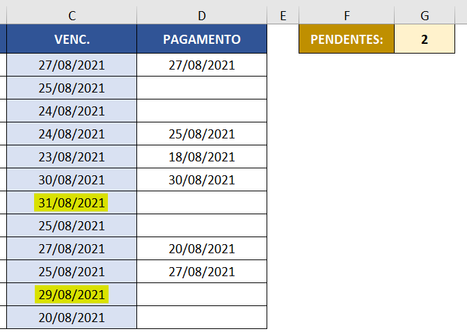 Contagem de pagamentos pendentes usando a função CONT.SES