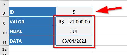 Dados retornados de acordo com um dado de pesquisa pela função PROCH