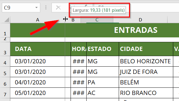 Exemplo de ajuste manual da coluna