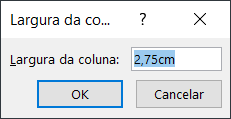 Largura da coluna exibida em centímetros