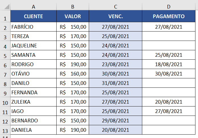 Planilha com datas de pagamento