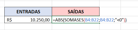 Sintaxe da função ABS sendo usada com a função SOMASES