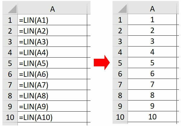 A função LIN retorna o número da linha de uma célula