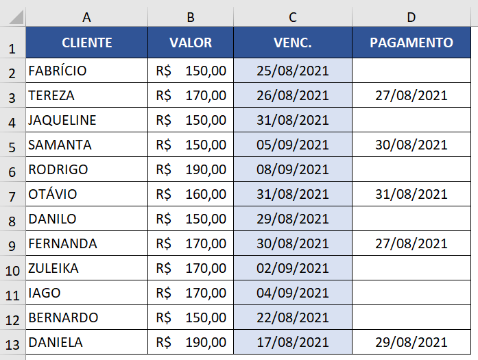 Exemplo de planilha com pagamentos atrasados, pendentes e efetuados