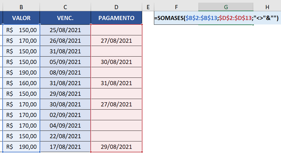 Sintaxe da função SOMASES para somar os valores de pagamentos efetuados